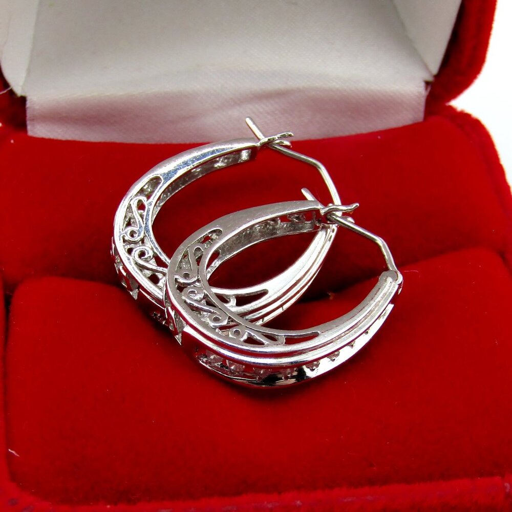 Diamond Filigree Leverback Hoop Earrings 925 Silver Natural Genuine Real